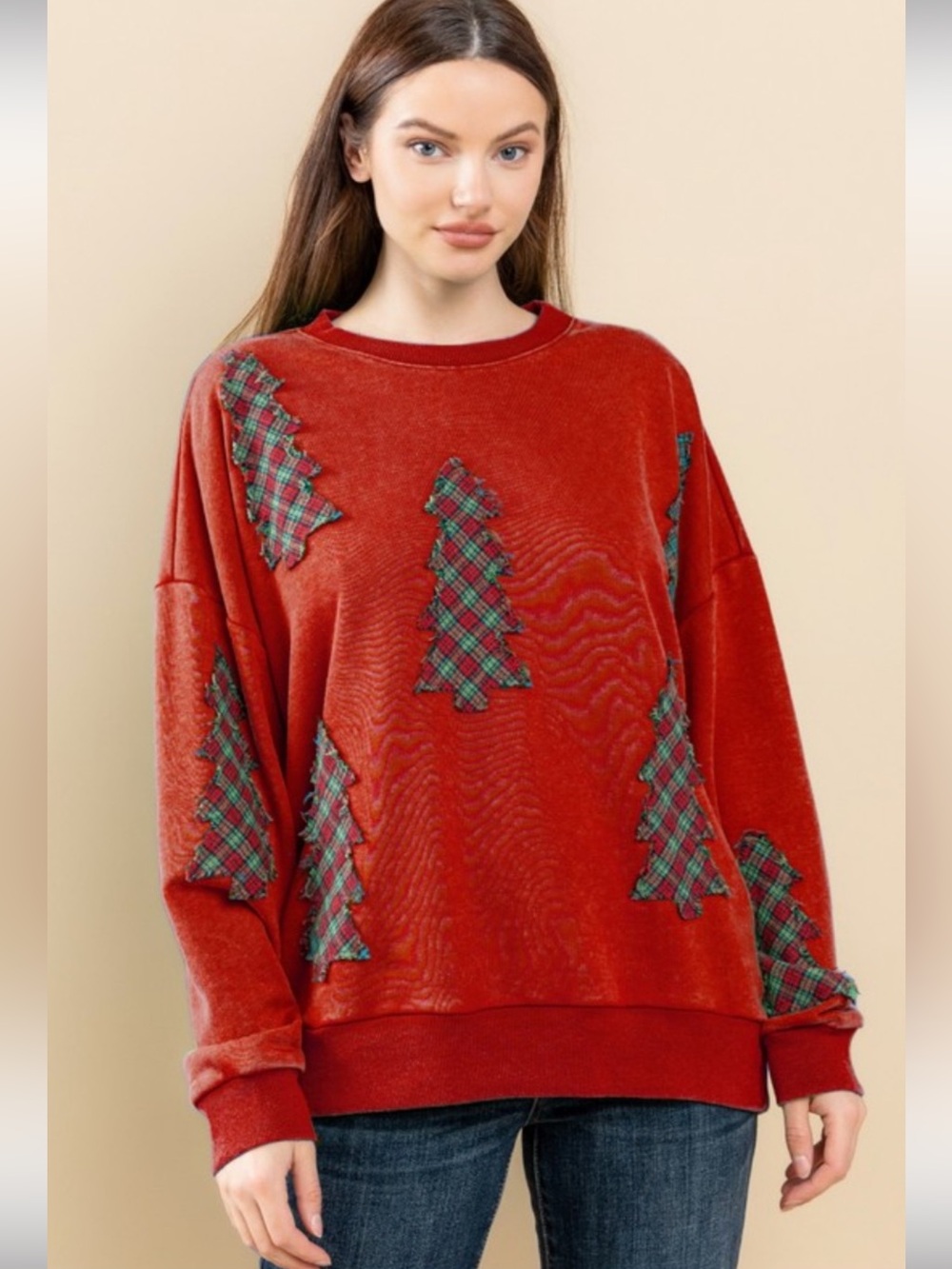 472 1X - 3X Oddi Washed Christmas Tree Patch Sweatshirts